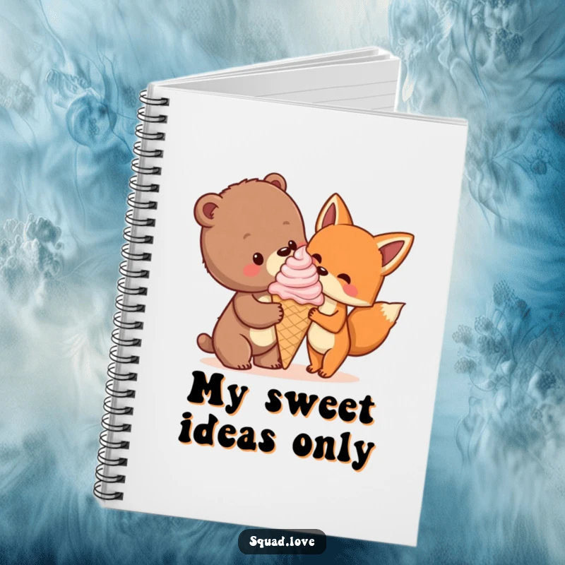 Funny notebook with a bear cub and fox happily sharing a large ice cream cone, perfect for jotting down sweet memories.