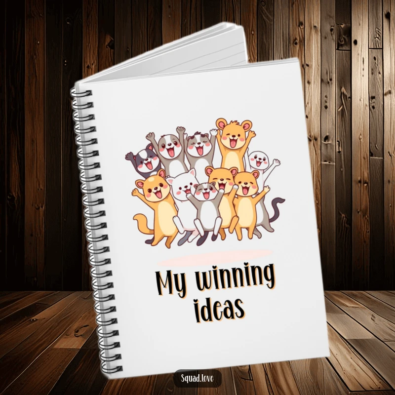 Funny notebook cover featuring a diverse group of animals leaping and cheering, perfect for capturing energetic ideas and notes.