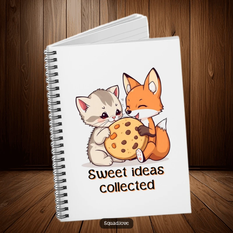 Funny kitten and fox notebook with a playful kitten and a fox sharing a giant cookie on the cover.