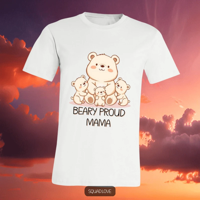 A charming kawaii mama bear proudly watching her playful cubs, printed on a soft and comfortable t-shirt.