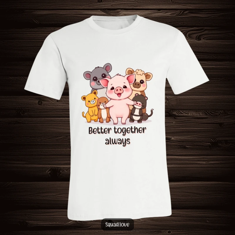 Funny piglet and friends t-shirt featuring a happy piglet holding hands with a variety of diverse animals, celebrating togetherness.