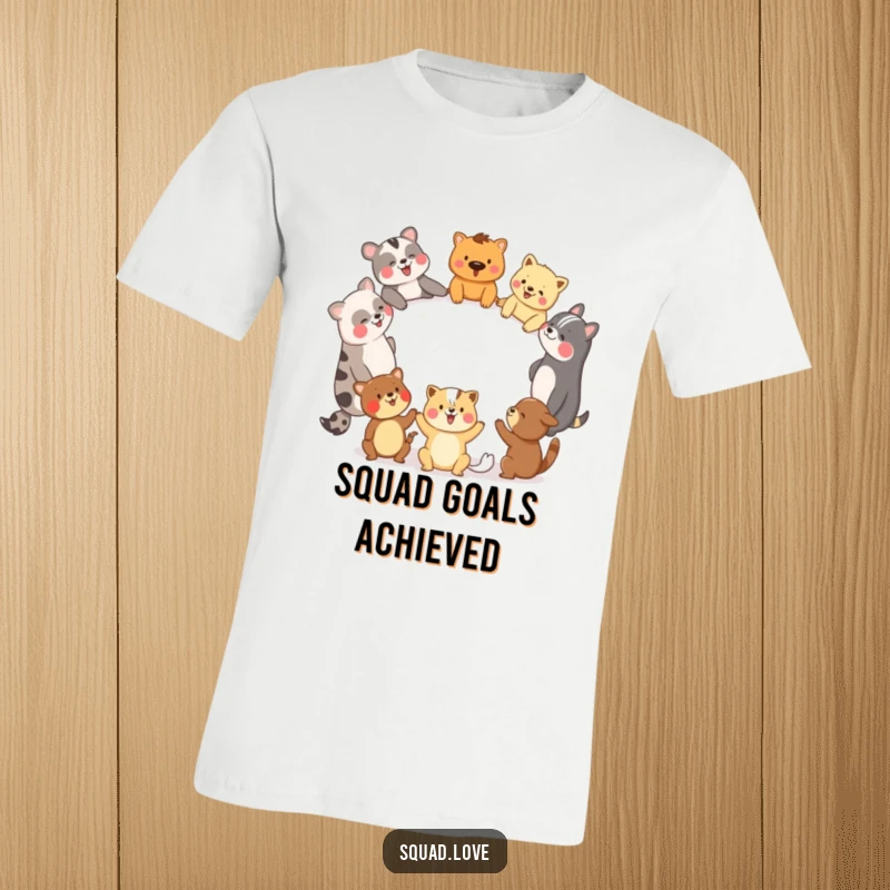 Funny t-shirt featuring a diverse group of happy animals holding hands in a circle, laughing together joyfully.