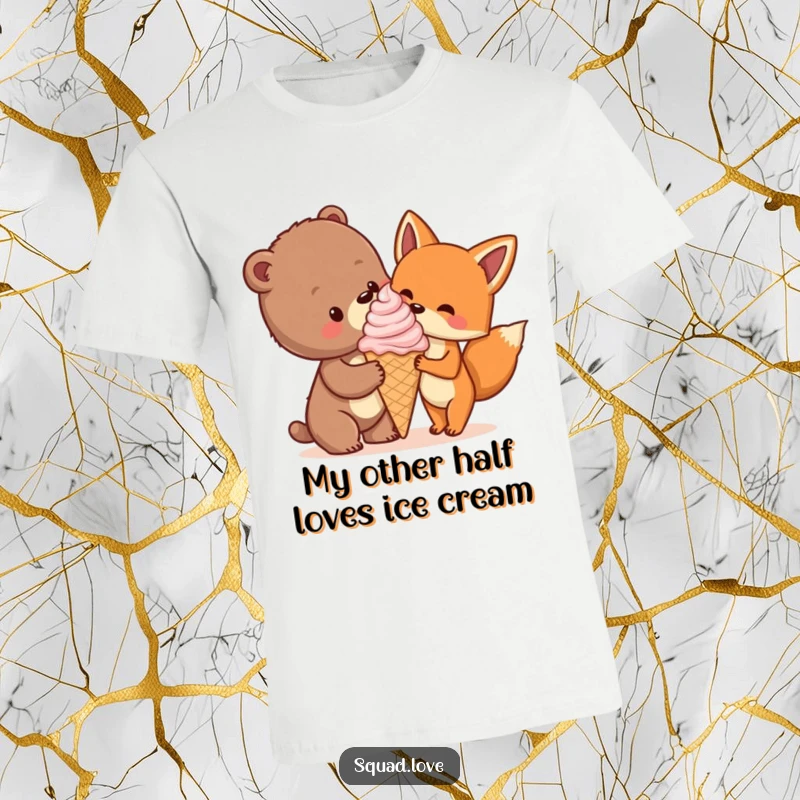 Funny t-shirt showcasing a bear cub and fox joyfully sharing a massive ice cream cone, celebrating friendship and sweet moments.
