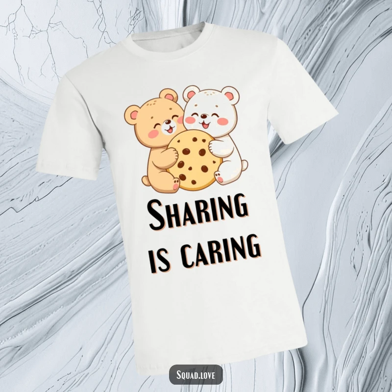 Two happy bear cubs sharing a giant cookie on a t-shirt, celebrating friendship and sweet treats.
