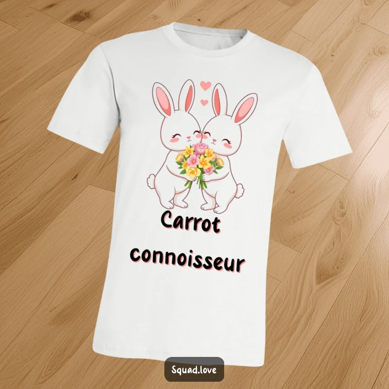 Funny t-shirt depicting a romantic bunny couple sharing a bouquet of flowers, exuding love and charm. Great gift.