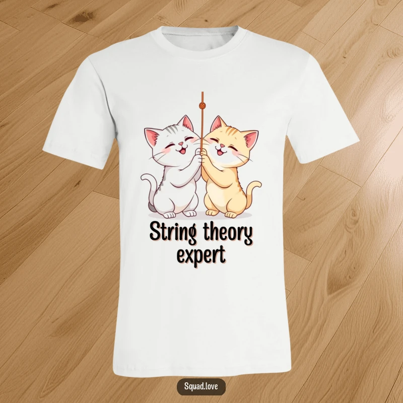 Funny t-shirt depicting two happy cats playfully chasing and batting at a dangling string. A must-have for cat lovers.