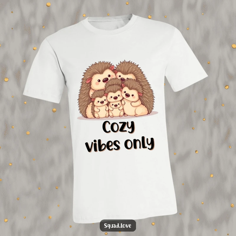 Funny t-shirt showcasing a snug family of hedgehogs in a huddle, looking utterly content and cozy. A perfect gift.