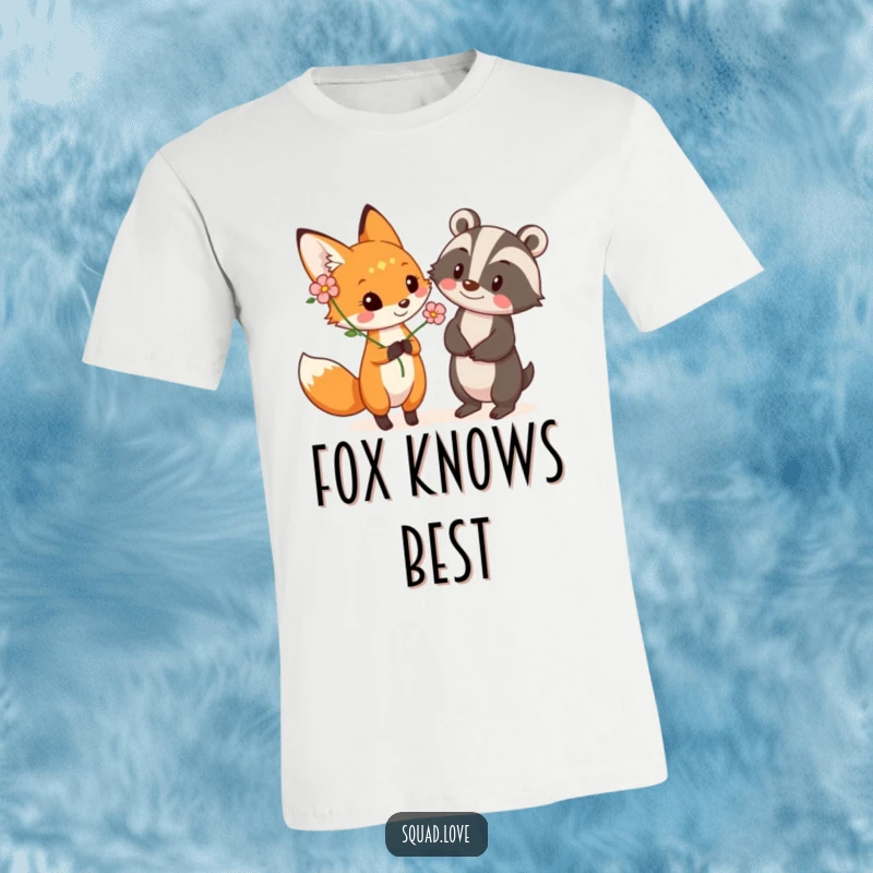 Funny t-shirt featuring a playful fox presenting a flower to a smiling badger, illustrating a kind and cheerful woodland friendship.