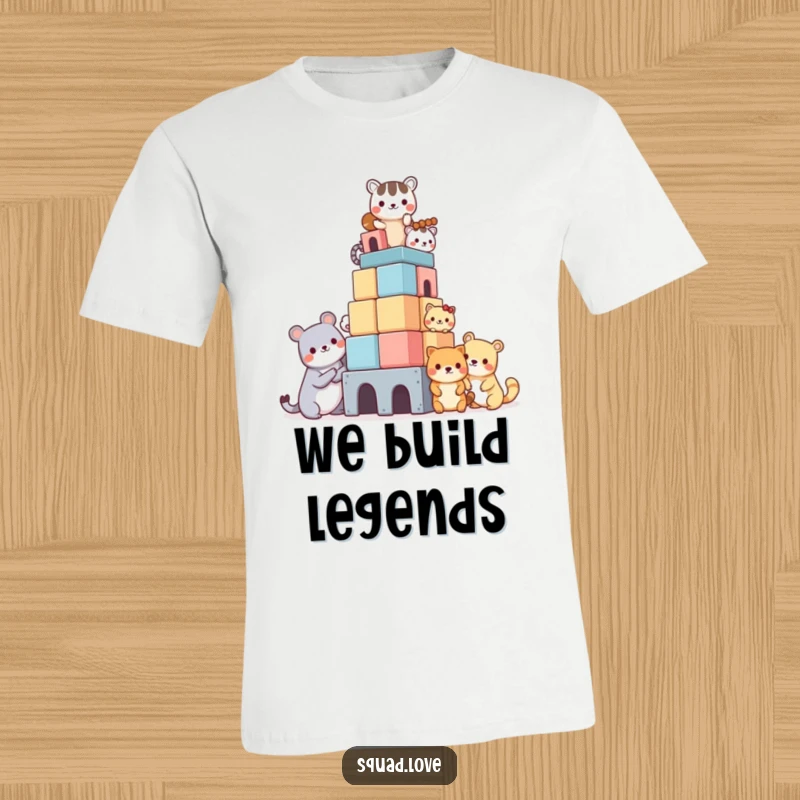 Funny t-shirt showcasing a delightful group of kawaii animals collaborating to build a spectacular, towering block structure, full of joy.