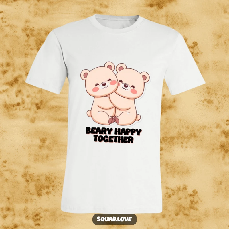 Funny t-shirt with two kawaii bears in a tight, beaming hug, symbolizing ultimate friendship and happiness.
