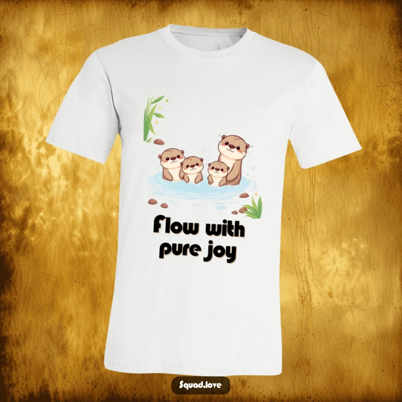 Funny t-shirt illustrating a happy kawaii otter family energetically splashing and playing in a bubbly, sparkling stream.