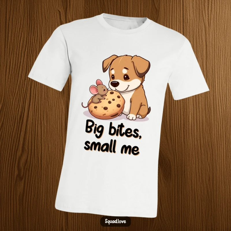 Funny t-shirt featuring a tiny mouse sharing a giant cookie with a big, happy dog, celebrating friendship and generosity.