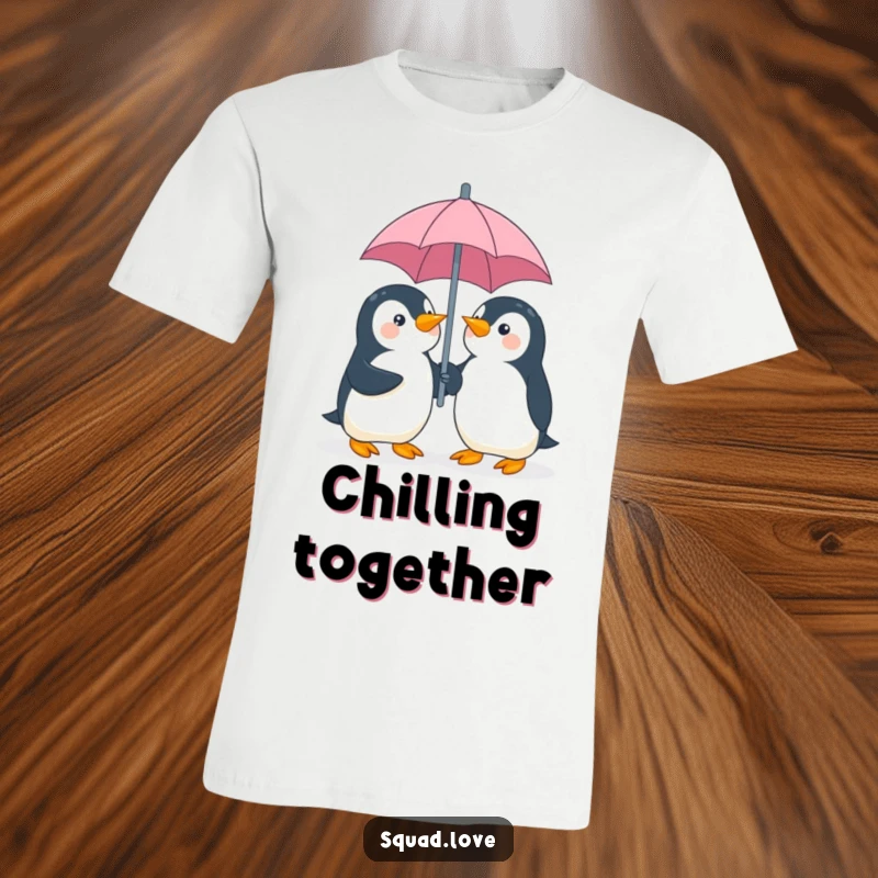 Funny penguin umbrella t-shirt, depicting two playful penguins giggling while sharing an umbrella, a charming and humorous design.
