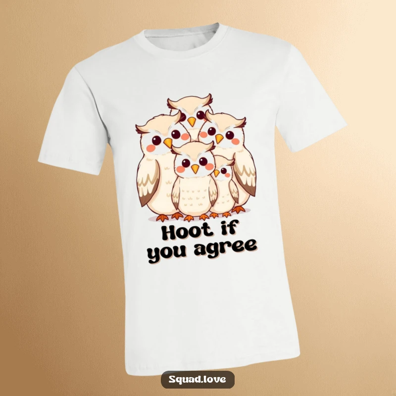 Funny owl family close together, beak to beak, smiling adorably on a comfortable t-shirt, humorous animal art.