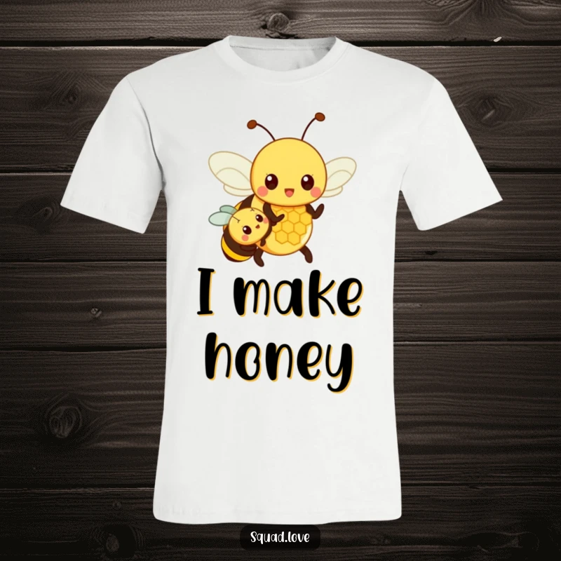 Funny t-shirt with a proud parent bee showing a smaller bee a honeycomb, radiating warmth and family love in a lighthearted design.