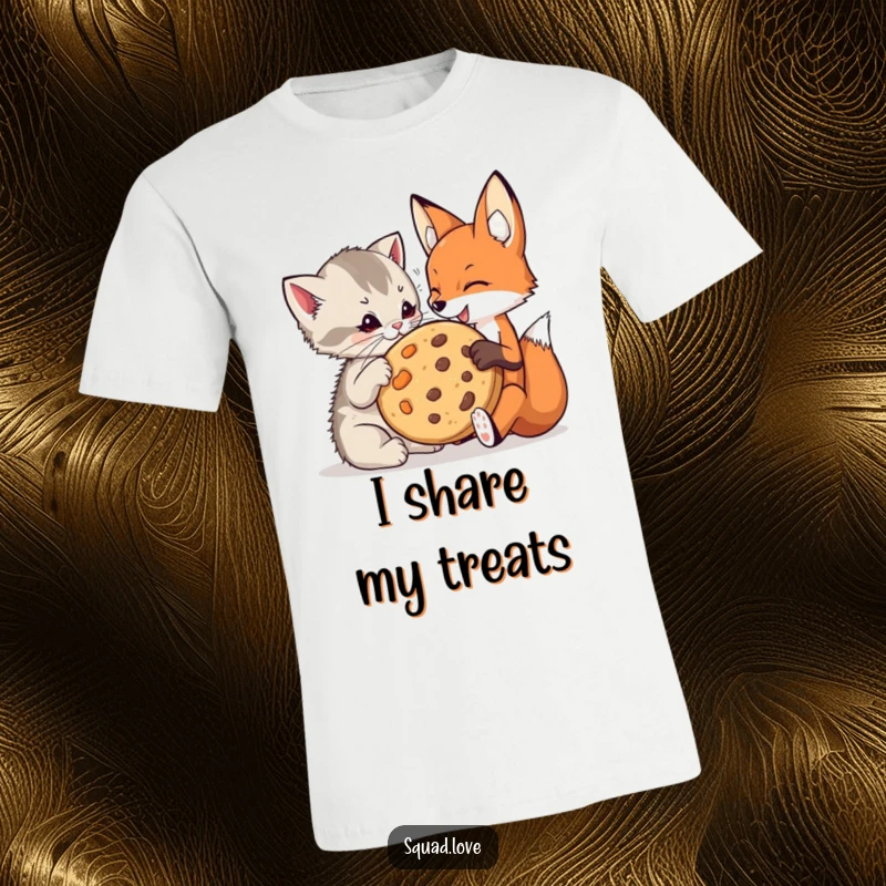 Funny kitten and fox t-shirt featuring a playful kitten and a fox happily sharing a huge cookie, symbolizing friendship.