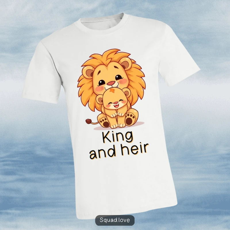 Funny lion cub hug t-shirt, depicting a proud young lion embraced by a larger lion, both smiling, celebrating family love and pride.