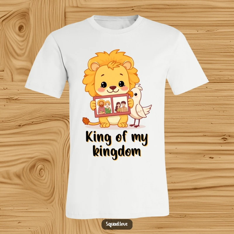 Funny lion family album t-shirt featuring a proud lion sharing a photo album with a bird, highlighting family bonds.