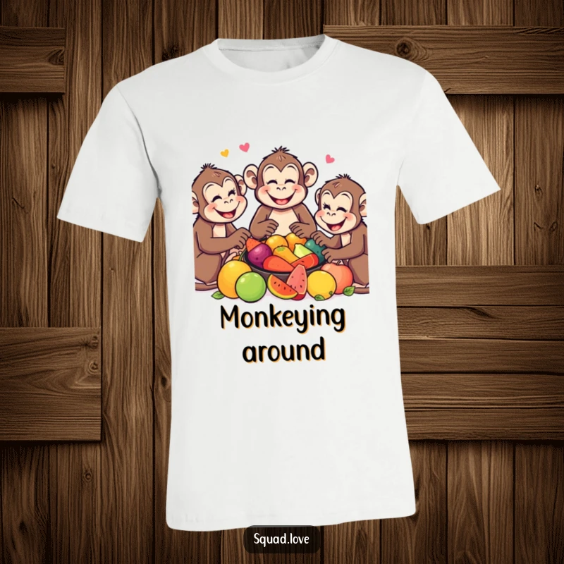 Funny Monkey T-Shirt: A group of smiling monkeys joyfully shares a colorful fruit feast, depicting harmony and fun.