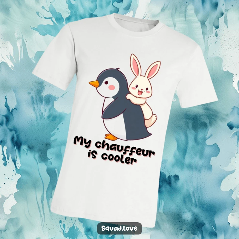 Funny t-shirt graphic of a penguin giving a happy rabbit a piggyback ride, highlighting friendship and playful antics.