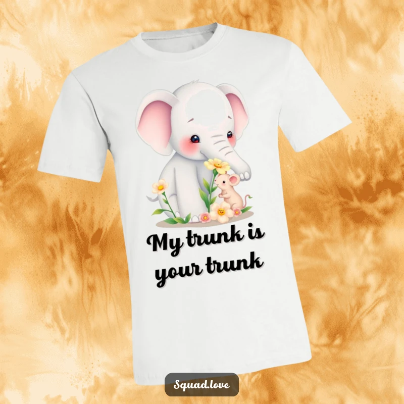 Funny t-shirt featuring a large elephant tenderly giving a flower to a small happy mouse, symbolizing sweet connection.