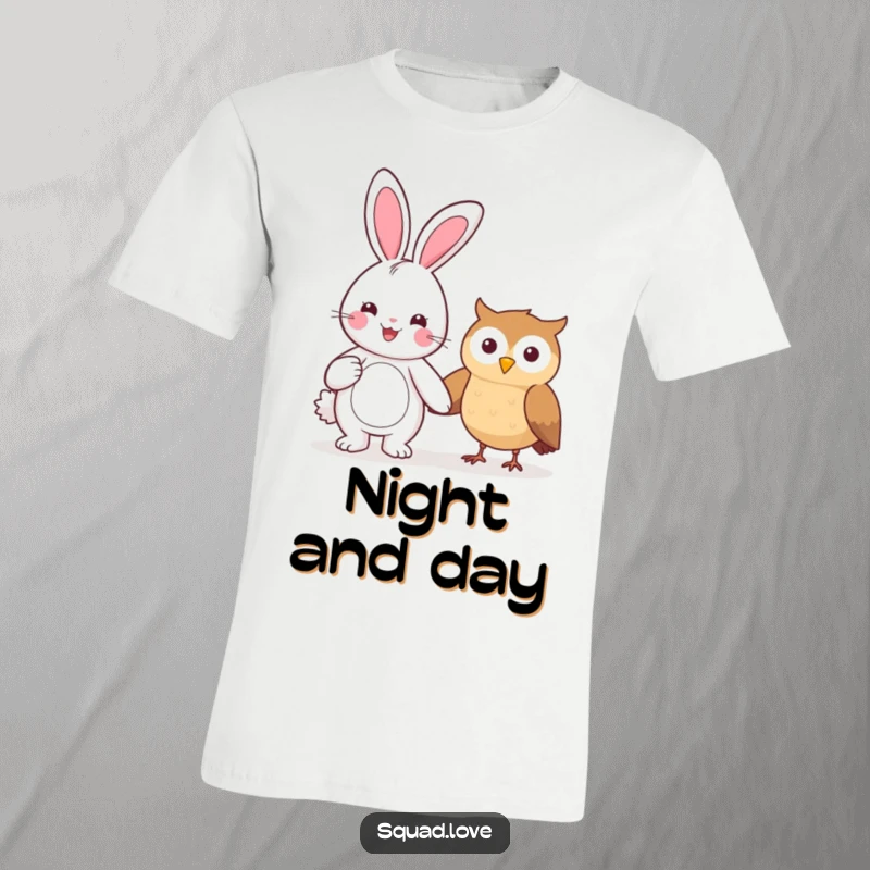 Funny t-shirt showing a happy kawaii bunny holding hands with a smiling owl, celebrating friendship and joy.