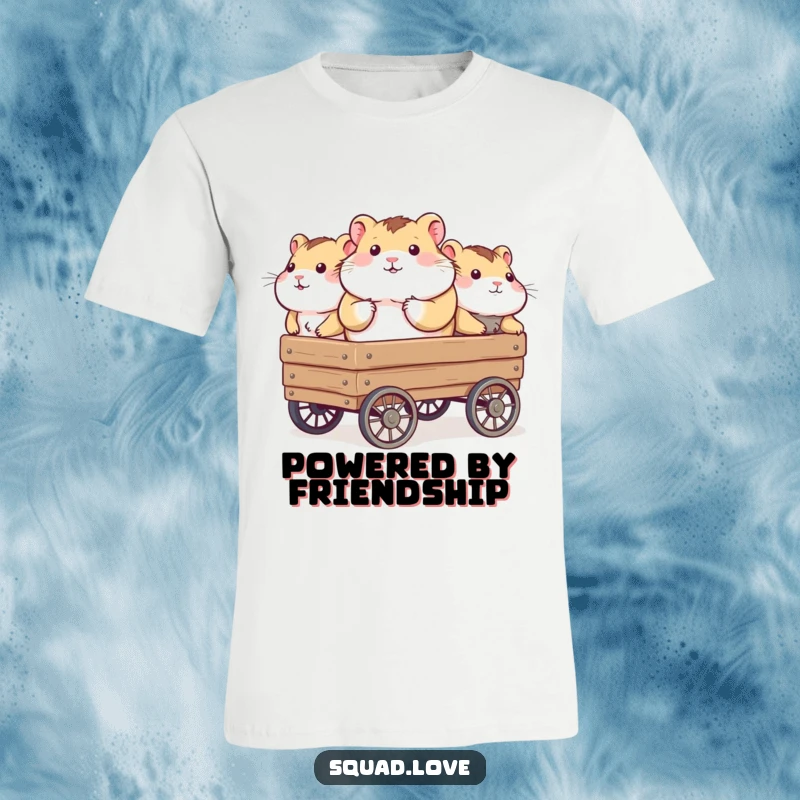 Funny t-shirt depicting a round hamster being happily carried in a wagon by a team of cheerful friends.