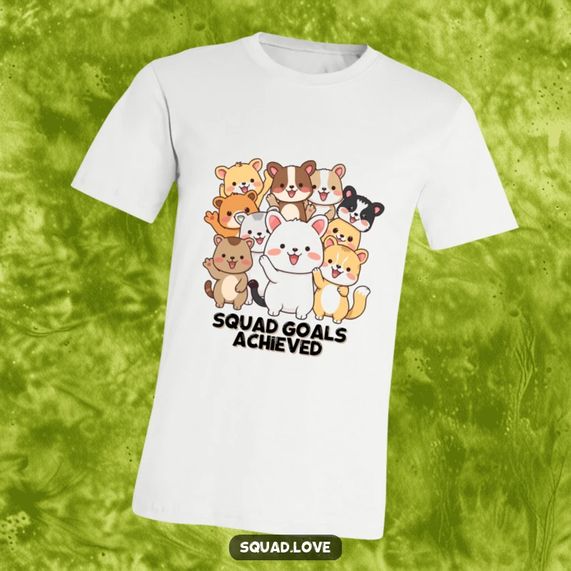 Funny t-shirt featuring a diverse group of animal friends waving cheerfully, symbolizing unity, friendship, and enthusiastic greetings.
