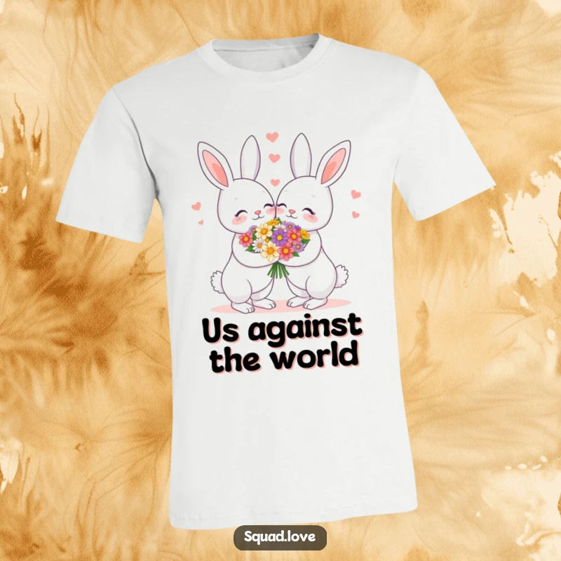 Funny t-shirt showcasing a loving bunny couple sharing a charming bouquet of flowers, expressing pure affection and joy.