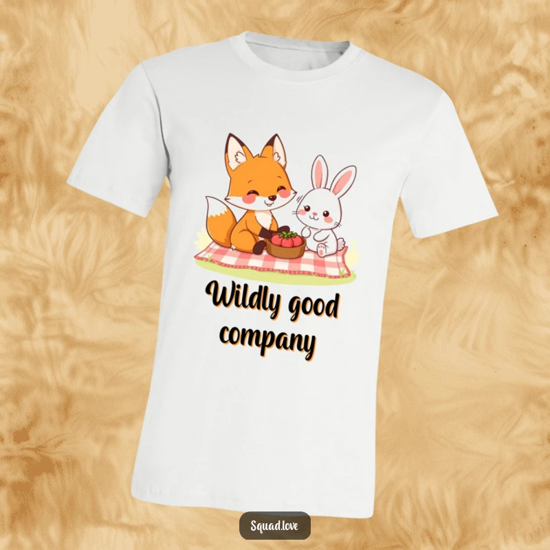 Funny t-shirt illustrating a smiling fox and a friendly rabbit enjoying a peaceful picnic together, radiating warmth and companionship.