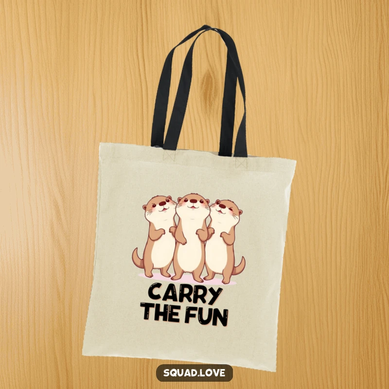 Funny otter dance tote bag, illustrating three otters in a synchronized silly dance, full of glee, perfect for errands and fun.