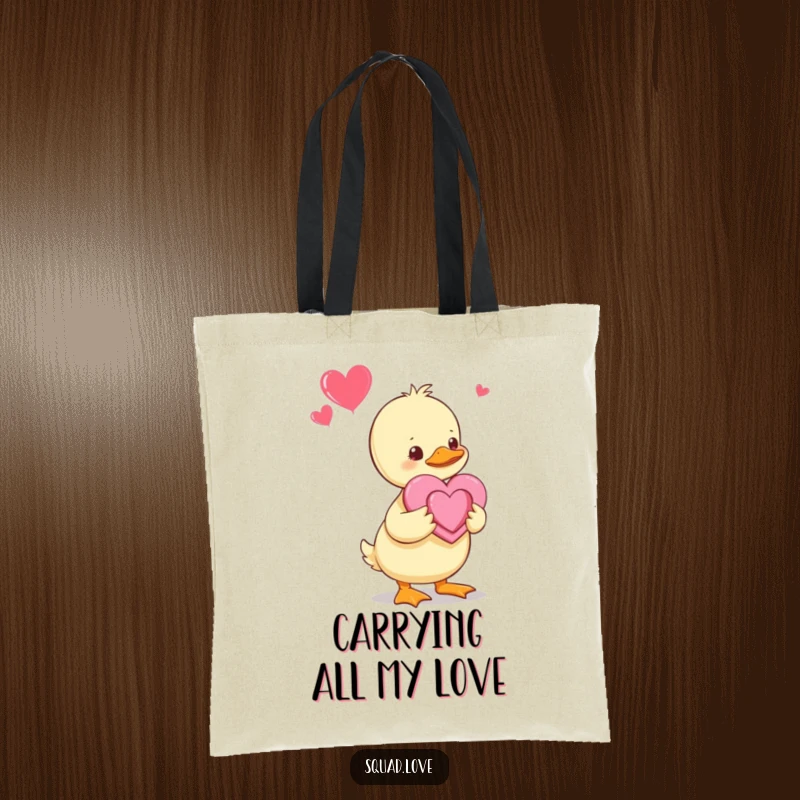 Funny Duckling Tote Bag: A baby duckling offers a handmade heart to its parents, a cute and loving gesture perfect for carrying daily essentials.
