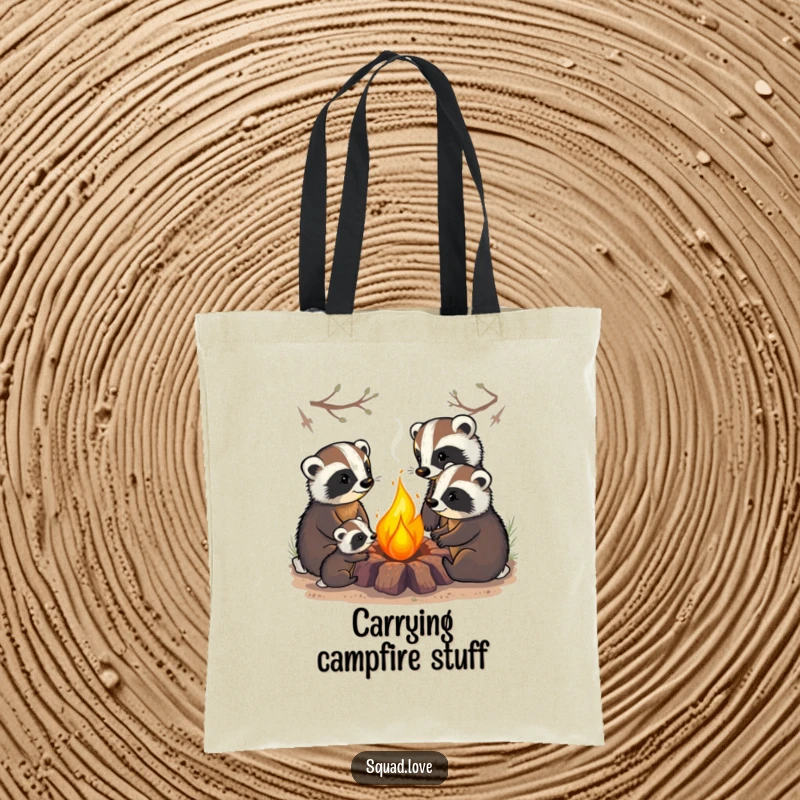 Funny tote bag showing a badger family cozily gathered around a campfire, perfect for carrying items with woodland charm and warmth.