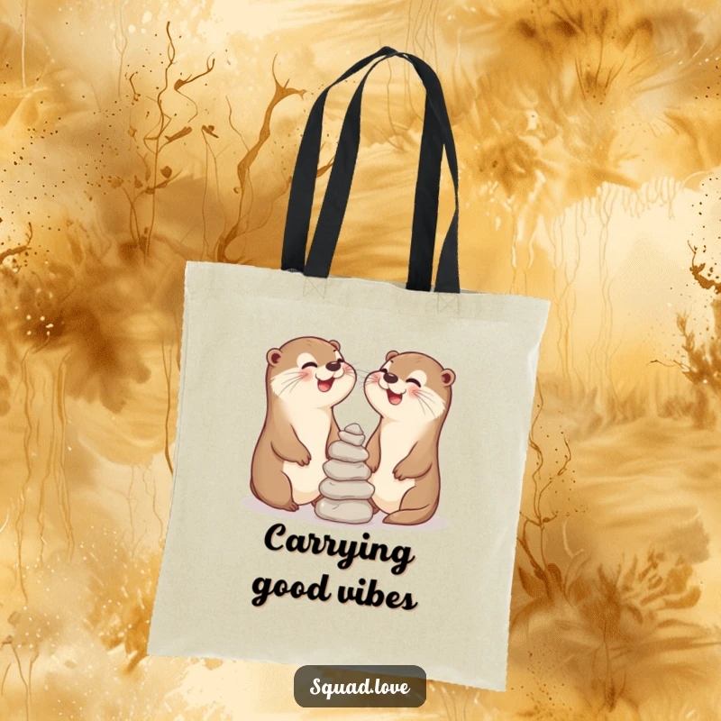 Funny tote bag showing two laughing otter friends balancing stones, perfect for carrying items with a dose of playful friendship and humor.