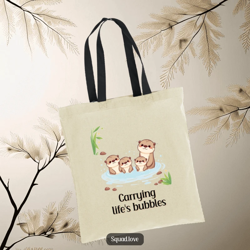 Funny tote bag illustrating a cheerful kawaii otter family playing and splashing in a bubbly stream, great for daily use.