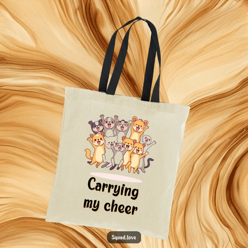 Funny tote bag depicting a diverse group of animals joyfully leaping and cheering together, symbolizing shared happiness and excitement.