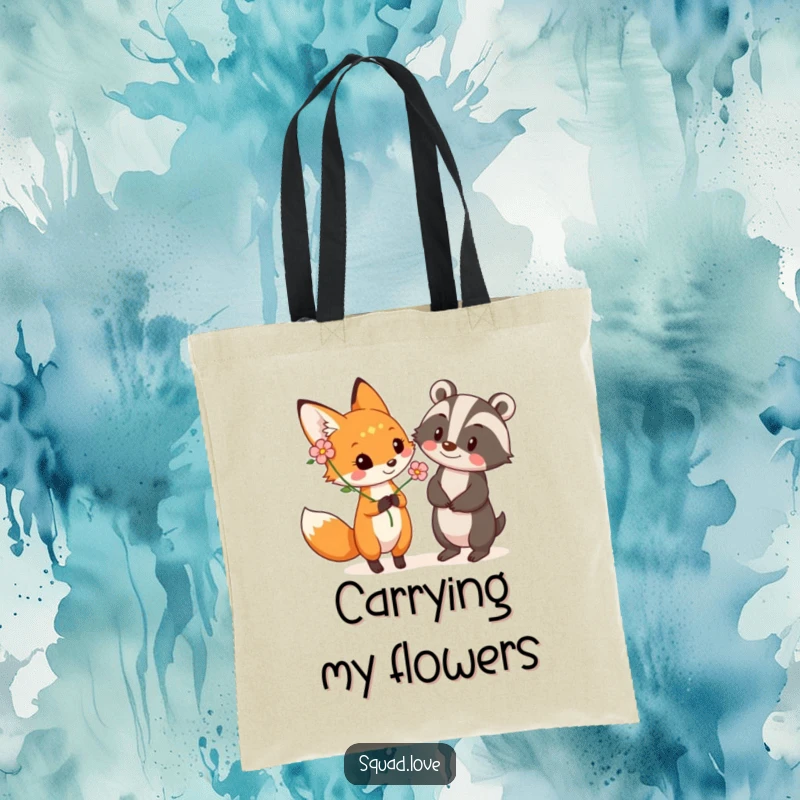 Funny tote bag illustrating a playful fox offering a flower to a smiling badger, perfect for carrying essentials with woodland charm.