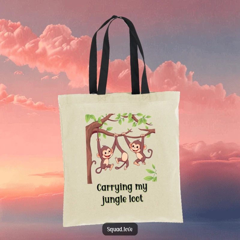 Funny tote bag with energetic monkeys swinging on branches, playfully reaching for each other, a humorous and practical accessory.
