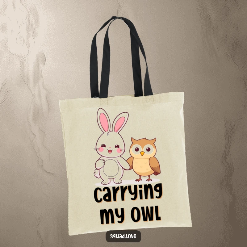 Funny tote bag featuring a beaming kawaii bunny holding hands with a smiling owl, perfect for carrying items stylishly.