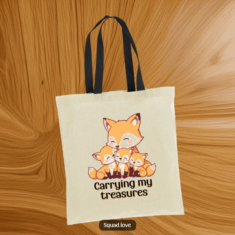 Funny tote bag showcasing a mother fox nuzzling her smiling kits, perfect for carrying everyday items with love.