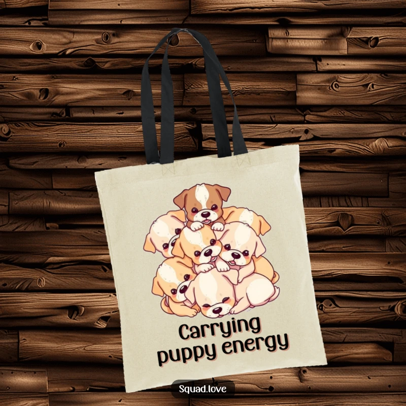 Funny Puppy Pile Tote Bag: A playful group of puppies tumbling over each other, designed for carrying items with adorable humor.