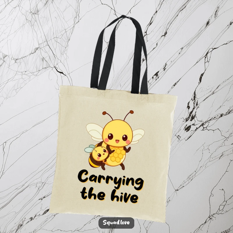 Funny tote bag illustrated with a proud parent bee teaching a young bee about honeycomb, a delightful image for family and humor lovers.