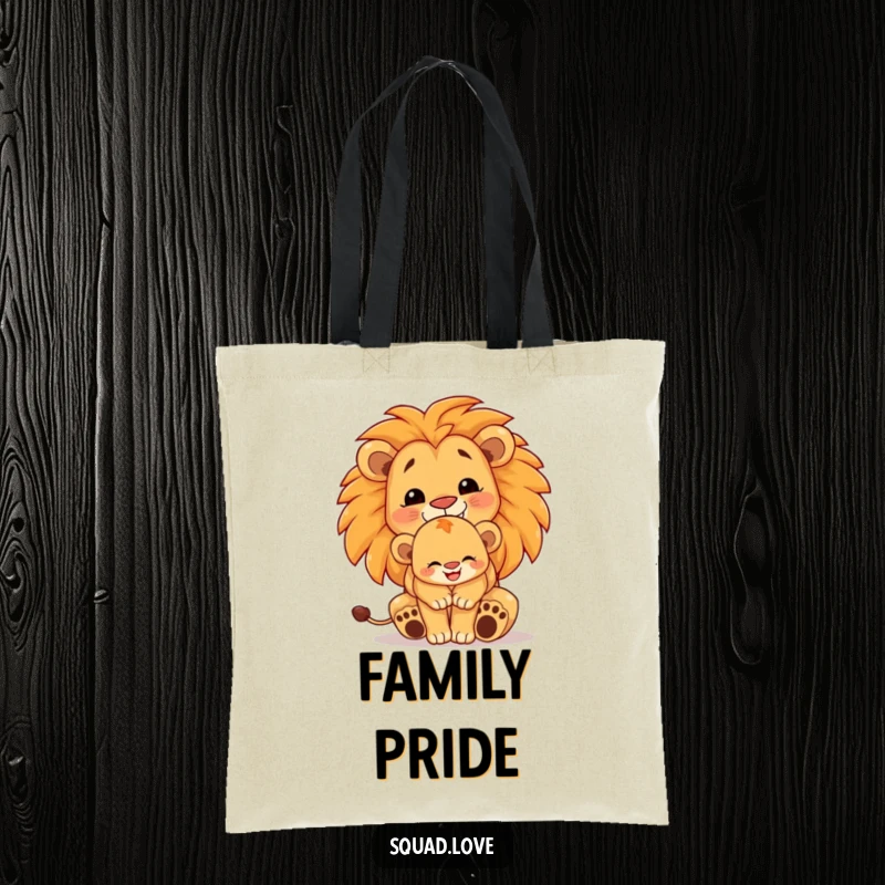 Funny lion hug tote bag, illustration of a proud lion cub embraced by a larger lion, both smiling, celebrating family pride.