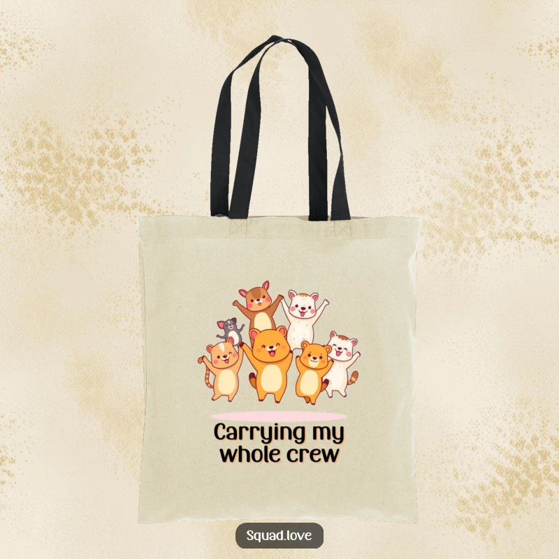 Funny diverse animal friends tote bag, holding hands and jumping joyfully, perfect for carrying items with cheerful unity.