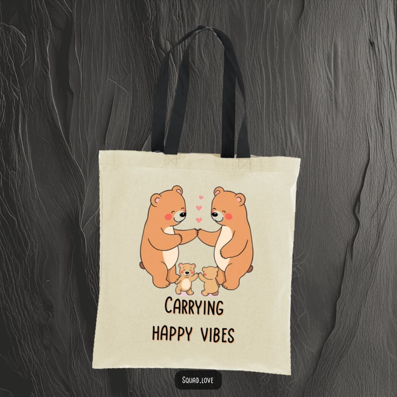 Funny Tote Bag featuring a happy bear family dancing in a circle, perfect for carrying daily items with a touch of playful charm.