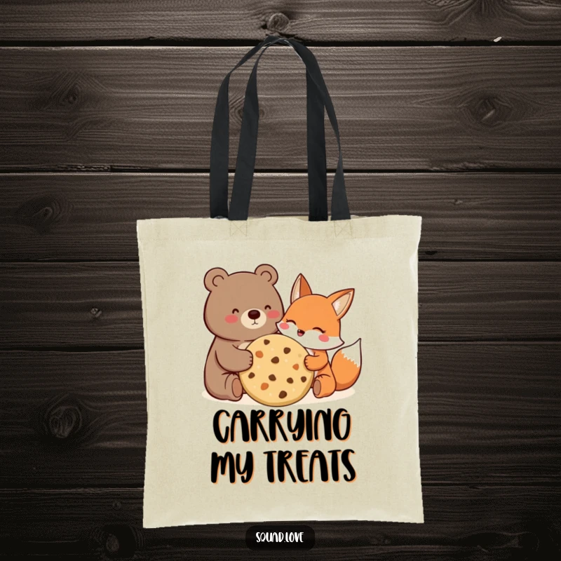 Funny Tote Bag with a happy bear and fox sharing a giant cookie, embodying friendship and good times.