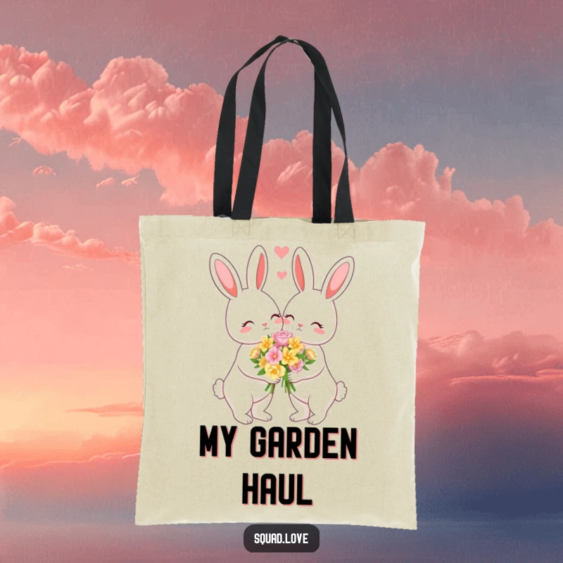Funny tote bag featuring a loving bunny couple sharing a bouquet of flowers. Perfect for carrying essentials with love.