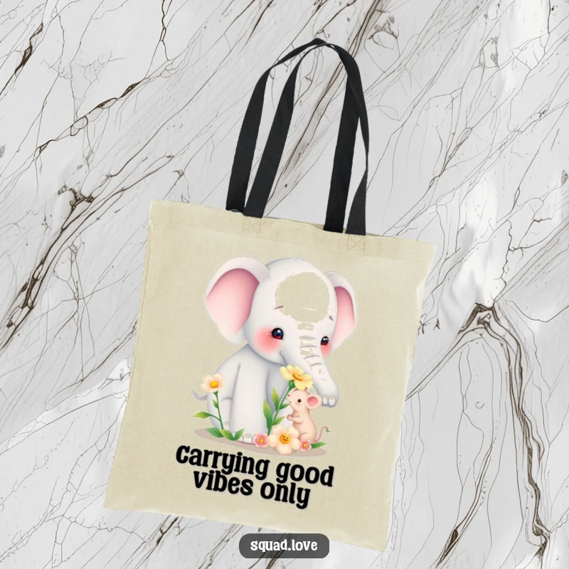 Funny tote bag illustrating a compassionate elephant presenting a flower to a tiny mouse, highlighting a beautiful, unexpected friendship.
