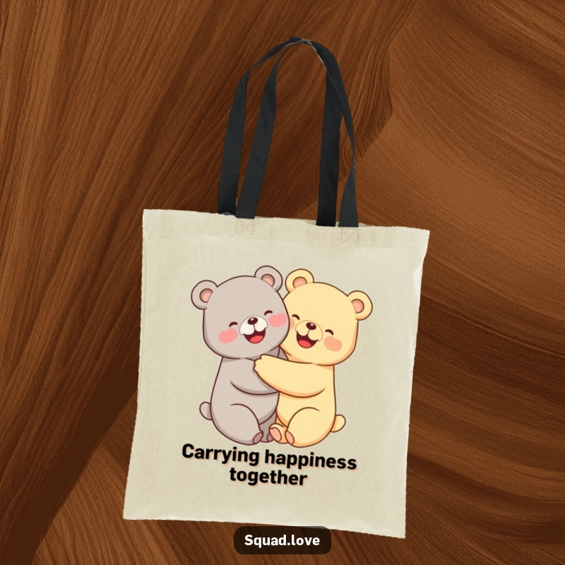 Funny kawaii bears tote bag, two cute bears hugging tightly with beaming smiles, perfect for carrying joyful items.