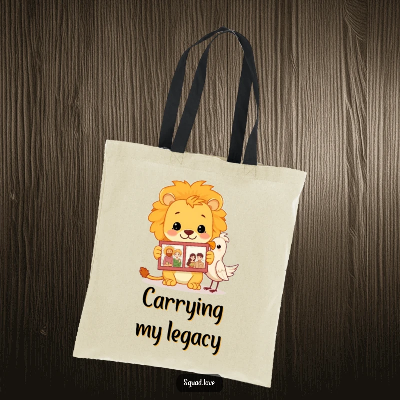 Funny lion family album tote bag with a proud lion showing a photo album to a bird, perfect for carrying cherished items.
